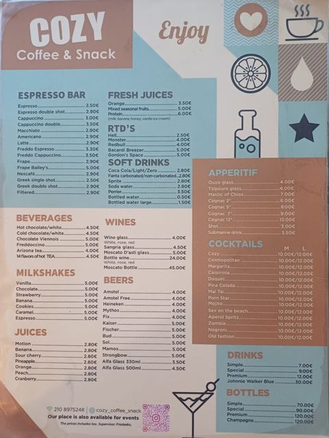 Cozy Cafe Bar & Club Varkiza drink menu